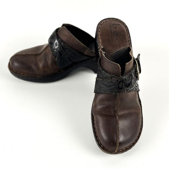 BOC Born Concept Brown Clogs wedge heel brass buckle tooled black straps SZ 8 - Picture 5 of 12